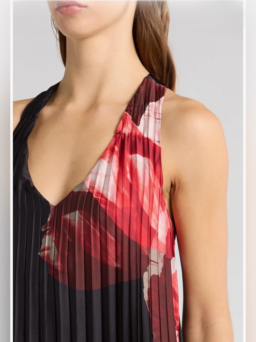 Socialite Sunburst Pleat Racerback Maxi Dress Black Red Floral V-Neck • EST ~XS - Picture 3 of 16